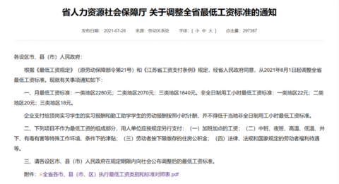 调整江苏省最低工资标准从2021年8月1日起经省人民政府同意和《江苏省